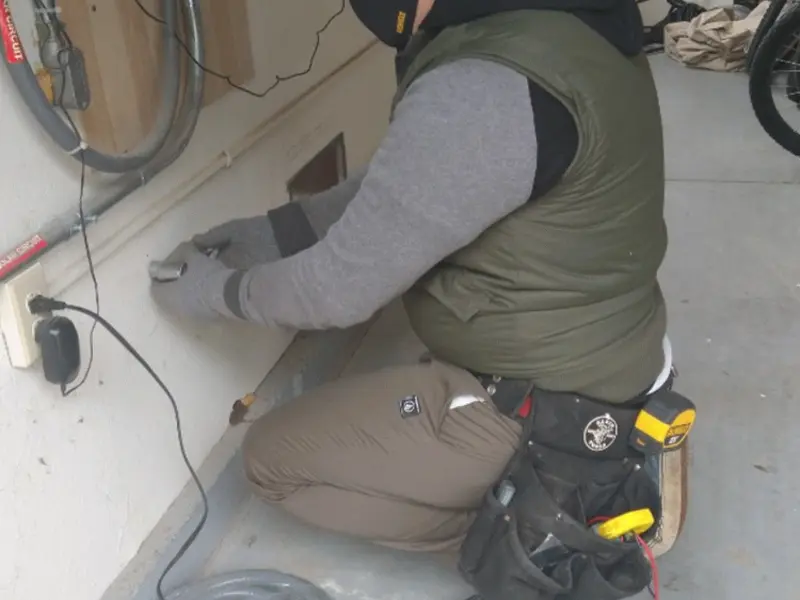 Electrician performing outlet wiring in a Jessup garage